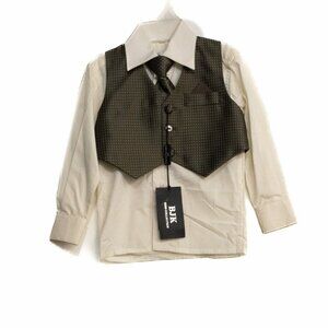 BJK Kids Collection Boys White Beige Dress Shirt Collared Check Long Sleeve 2